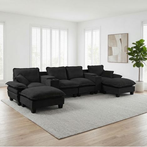 Canapé modulable en U avec rangements, USB et 2 ottomanes, 392 x 151 cm, chenille noire (1/5)
