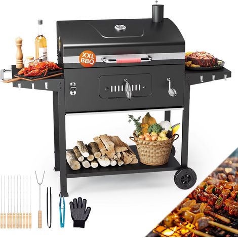 Grill barbecue charbon XXL 71×42,5 cm avec chariot mobile, structure robuste, tablettes latérales pliables, thermomètre intégré, idéal pour jardin et cuisine extérieure (1/5)