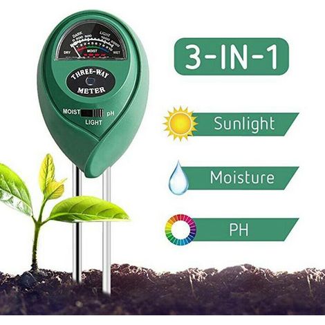 Medidor digital 3 en 1 de pH, humedad del suelo y luz solar para plantas y jardines.