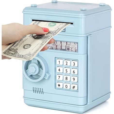 Caja fuerte electrónica para cajeros automáticos con código para niños, color azul claro. (1/5)
