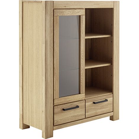 Vitrine avec 1 porte vitrée , 2 tiroirs et des étagères coloris chêne naturel - Longueur 109 × Profondeur 45 × Hauteur 140 cm. (1/5)