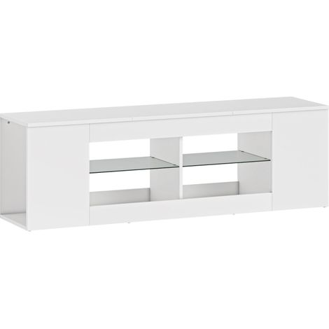 Meuble TV blanc 140 cm pour téléviseur jusqu'à 65 pouces, 6 compartiments et 2 étagères en verre, panneau de particules, pour salon moderne - CHICFURN (1/5)