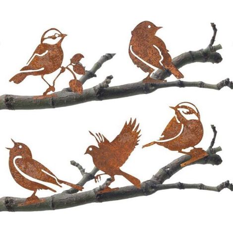Rusty Bird Statues, Set of 5, Natural Patina Metal Garden Decor for Trees