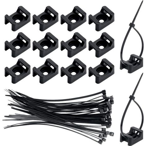 Lot de 100 supports de serre-câbles (noirs) avec 100 serre-câbles en nylon noir. (1/5)