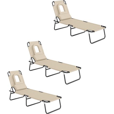 3er-Set sonnenliege mit Gesichtsloch & Kissen, klappbar, wasserabweisender Bezug, Metallrahmen, Beige