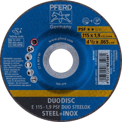 PFERD 62011630 E 115-1,9 PSF DUO STEELOX Disco di sgrossatura con centro depresso Diametro 115 mm Ø foro 22.23 mm 10 pz (1/4)