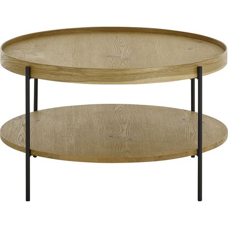Pegane – Table basse ronde en bois chêne et métal noir mat – Diamètre 80 cm x profondeur 45 cm – Étagère intégrée pour rangement moderne (1/4)