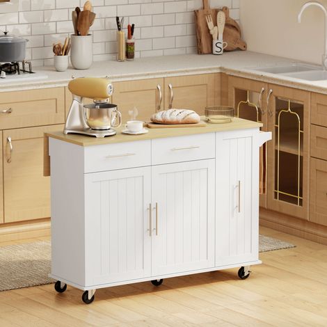 Isla de Cocina con Ruedas Encimera Plegable 2 Puertas con Cierre Suave Bandeja Extraíble 2 Cajones Blanco (1/5)