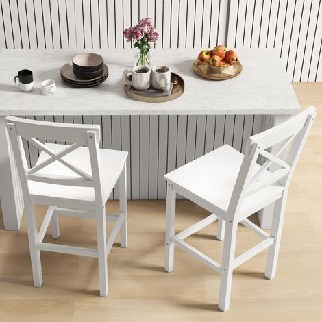 Ensemble de 2 tabourets de bar blancs de style campagnard avec dossier pour îlot de cuisine (1/5)