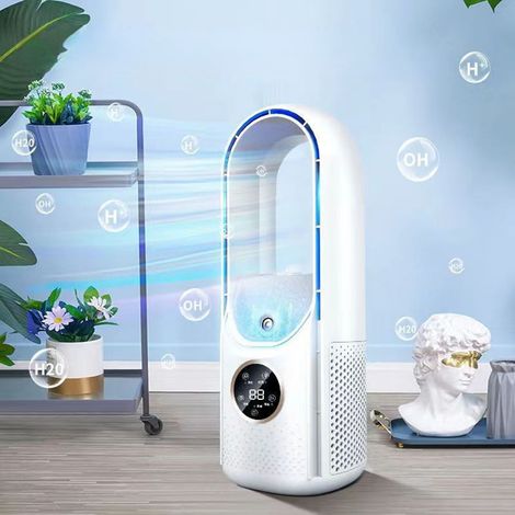 Ventilateur sans pales USB avec brumisation, ventilateur silencieux 6 vitesses, humidificateur, minuterie 6 h, commande tactile, Blanc