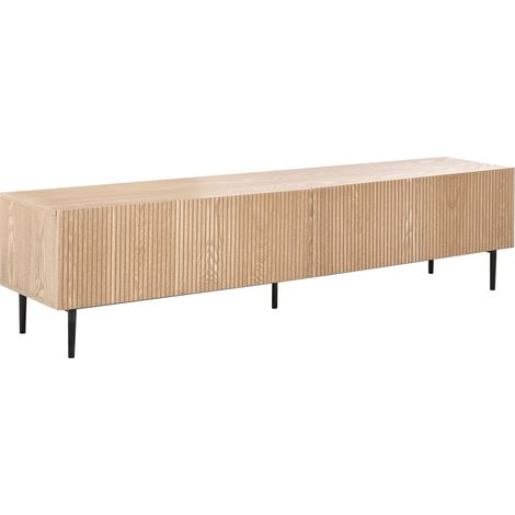 Meuble TV Moderne en MDF Placage Bois de Frêne avec 2 Tiroirs et Façade Striée Meuble de Salon Bois Clair Blythe (1/5)