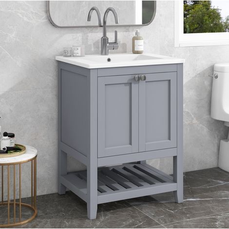 Mueble baño con lavabo cerámica y almacenaje gris OKMYHOME (1/5)