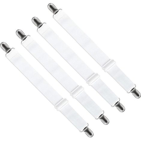 Tendeur Drap Housse Réglable (65cm à 200cm), Fixation Attache Sangle de Maintien Ajustable pour Drap Lit, Canapé, Housse de Repassage (Blanc, Lot de 4) (1/5)