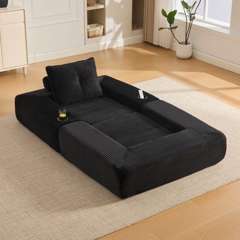 Schlafsofa aus Cord in Schwarz 122/198 cm mit Getränkehalter, Seitentaschen und abnehmbaren Armlehnen (1/5)
