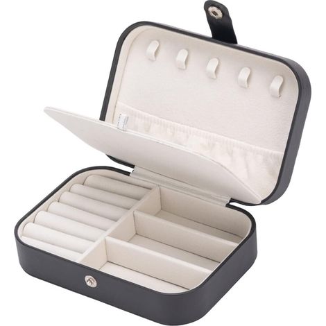 Boîte à bijoux de voyage, coffret de rangement en cuir PU double couche, convient aux femmes et aux filles, mini boîte de rangement portable pour boucles d'oreilles et bagues. (1/5)
