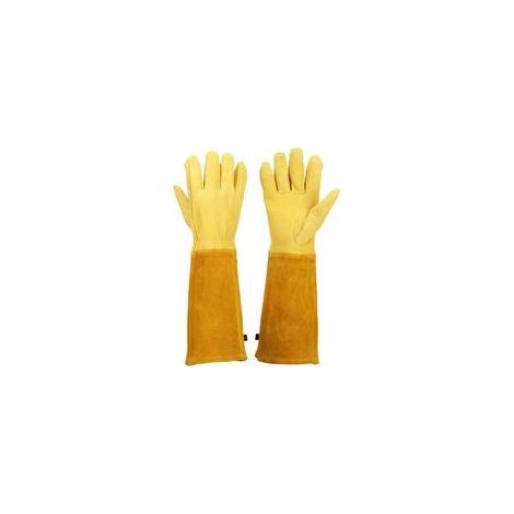 Guanti da giardinaggio a guanto per uomo e donna, traspiranti, per potatura di rose, con polsino anti-spina, maniche lunghe in resistente pelle bovina (L, Giallo) (1/4)