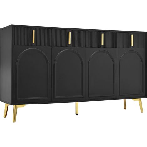 Aparador negro de MDF con 4 puertas, 4 cajones y detalles dorados, 140 x 38 x 82 cm (1/5)