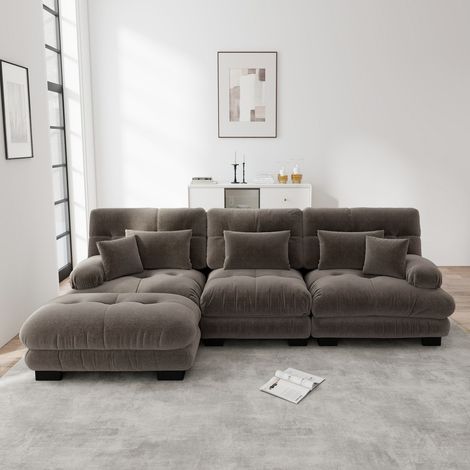 Divano angolare modulare a 3 posti - 313x145x81 cm - Design Cloud morbido XXL con pouf e cuscini - in ciniglia marrone