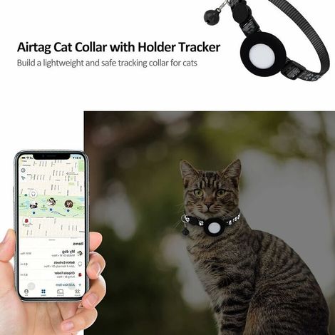 Collare per gatti Apple Airtag con fibbia di sicurezza e campanellino, largo 1 cm, riflettente, con supporto Airtag per gatti, cuccioli e gattini (nero) (1/4)