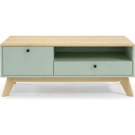 Mesa de centro rectangular con cajón, puerta y compartimento abierto, MDF verde claro y roble (1/5)