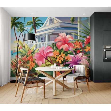 Papier peint Tropical – fleurs et maison - 150 x 250 cm (1/2)
