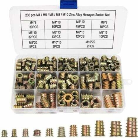 ZVD-230 Pcs Écrous Hexagonaux M4 M5 M6 M8 M10 avec Inserts Filetés, Alliage de Zinc Insert Fileté Hexagonale Écrous Inserts, pour Meubles en Bois, avec Boîte en Plastique-- (1/4)
