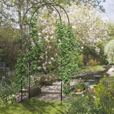 Arco de jardín, arco para rosas, enrejado para plantas trepadoras, estilo hierro forjado, dimensiones 114 cm de largo x 30 cm de ancho x 230 cm de alto, metal con revestimiento de epoxi negro.
