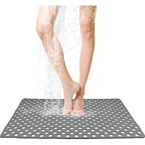 Tapis de Douche antidérapant 60 x 90 cm, Grand Taille, en TPE Souple avec ventouses et Grands Trous de Drainage, Doux sur Les Pieds, Flexible et résistant aux Fissures (Gris) (1/5)