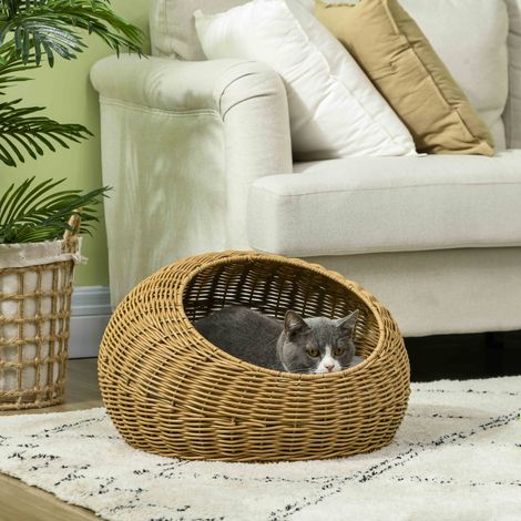 Niche pour chat avec coussin lavable, pour chats jusqu'à 4 kg, usage intérieur, rotin artificiel, Ø50 x 31 cm, marron clair (1/5)