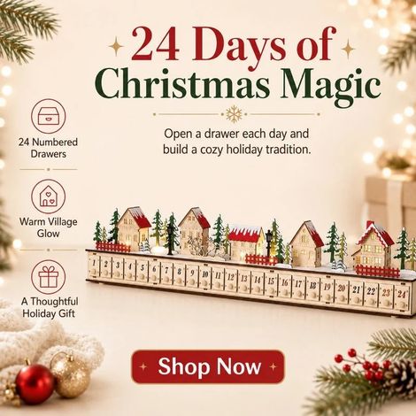 New Christmas Village Advent Calendar - Classic Red and Wood Tones