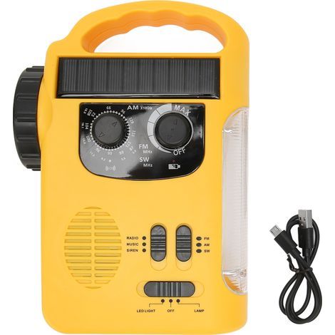 Notfallradio mit Handkurbel (AM/FM/SW), Solarbetrieb, LED-Taschenlampe, Leselampe und MP3-Player für Campingausflüge, gelb (1/5)