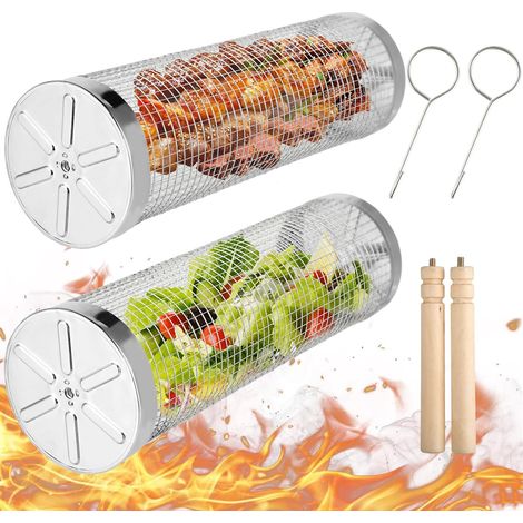 Lot de 2 Panier barbecue cylindrique, acier inoxydable 304, poignée bois amovible, cuisson légumes viande, camping pique-nique