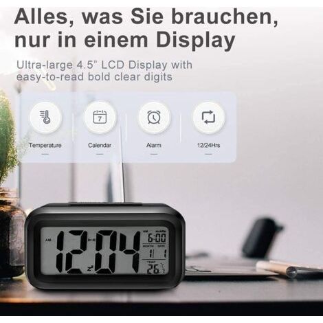 Digital Alarm Clock, LED Digital Clock with Temperature Display, Portable Mirror Alarm with 2 Alarms, Battery Operated, Light Control
