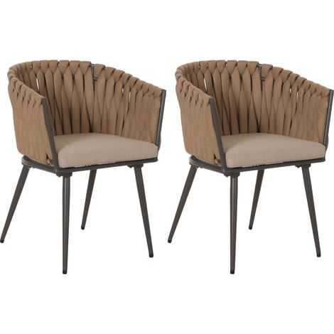 [NON UTILIZZATO] Set 2 sedie giardino in alluminio HHG-418, sedie esterno con braccioli, intreccio corda, beige cuscino marrone chiaro