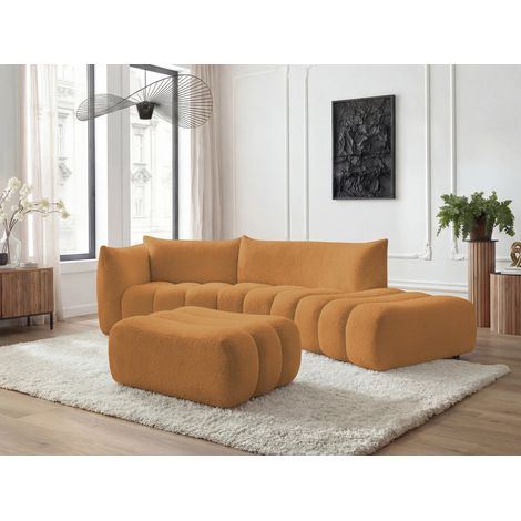 BOBOCHIC - Canapé incurvé fixe 4 places AZRA tissu bouclette avec pouf Angle gauche  Jaune
