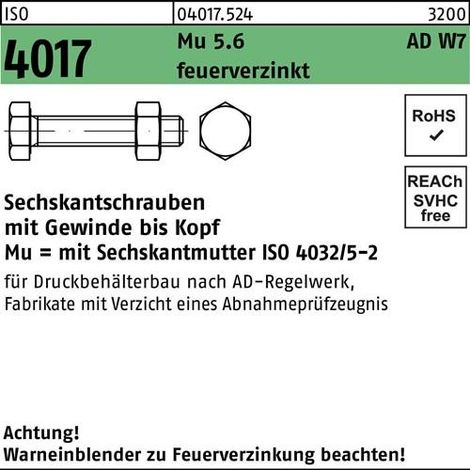 Vis hexagonale ISO 4017 VG écrou M16x 55 5.6 AD W7 galvanisé à chaud 50 pièces
