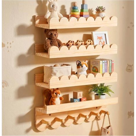 Étagères Murales Enfant en Bois Massif avec 6 crochets, 40cm Bibliothèque Etagere Murale Chambre pour Livres & Jouets, Étagère Montessori pour Fille Garçon Salle de Jeux Chambre à Coucher Salon (1/5)