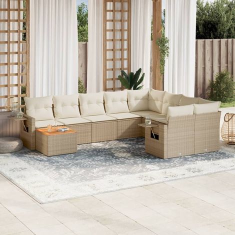 Salon de jardin en résine tressée beige avec 10 coussins Ensemble modulaire incluant 2 sièges d'angle, 5 sièges centraux, 2 canapés avec accoudoirs et table (1/3)