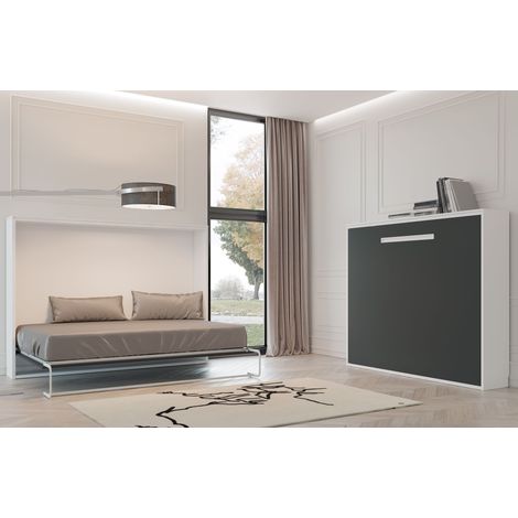 Lit escamotable horizontal 150x200 cm Optima - Poignée moderne acier large - Matelas Matelas mousse 18 cm - Façade Parme - Coffrage Chocolat (1/5)