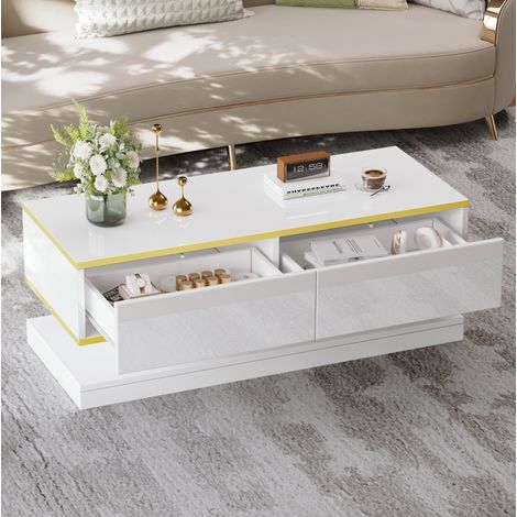 Tavolino da salotto in truciolare bianco lucido con bordo oro 100 cm, 2 cassetti (1/5)