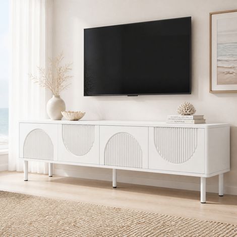 Mueble TV de 180 cm con almacenamiento, acabado blanco mate, gestión de cables HAVRYA (1/5)