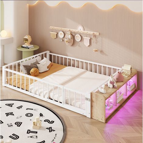 Cama individual 140x200 cm con almacenamiento, LED y barandilla de seguridad, en metal blanco, sin colchón (1/5)