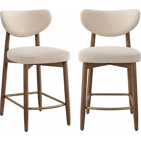 Tabourets de Bar Lot de 2 en Bois Massif et Tissu Aspect Lin avec Dossier, 50 x 51,5 x 95,5 cm, Beige Clair (1/5)