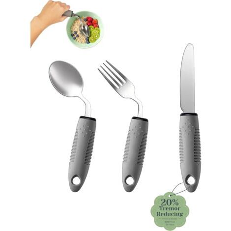 Ensemble de Couverts Adaptés (3 Pièces) - Angle de 42°, Couverts Lestés 85g pour Parkinson, Tremblements et Arthrite - Aide à l'Alimentation Ergonomique Facile à Saisir (Droitier) (1/5)