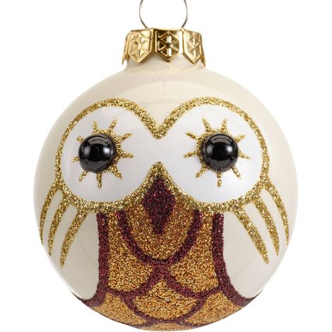 Kaemingk – Boule de Noël chouette – Blanc laine brillant et doré pailleté, verre, Ø 6 cm