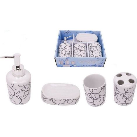 TRADE SHOP - Set 4 Accessori Bagno T8338 In Ceramica Porta Sapone Porta Spazzolino Dispenser -
