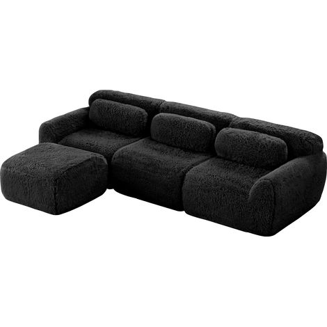 Canapé d’angle modulaire en L, tissu peluche, canapé profond sans armature, sans montage, avec coussins, doux, mousse haute élasticité, base antidérapante, pour salon et chambre, noir (1/5)