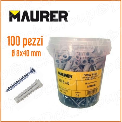 100 Tasselli UNIVERSALI MAURER Nylon 8X40 mm con Vite Secchiello NO FISCHER