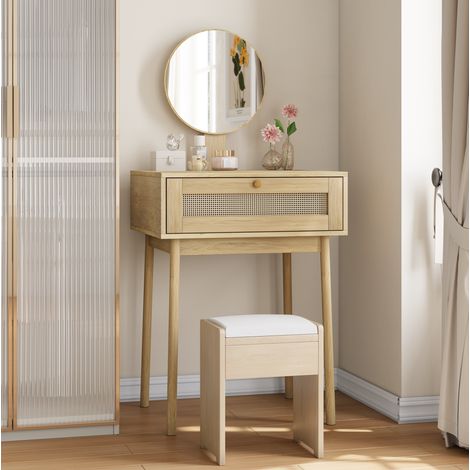 Coiffeuse avec miroir rond et tiroir en rotin, 60 x 50 x 128 cm, décor chêne DESVIAE (1/5)