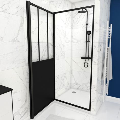 Pack porta doccia pivotante nera 80x200 cm e piatto doccia bianco effetto pietra 80x80x4 cm
